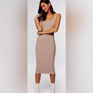 Lalavon Midi Sweater Dress Low Cut Bodycon Ribbed Knit Leg Slit in Tan Size S